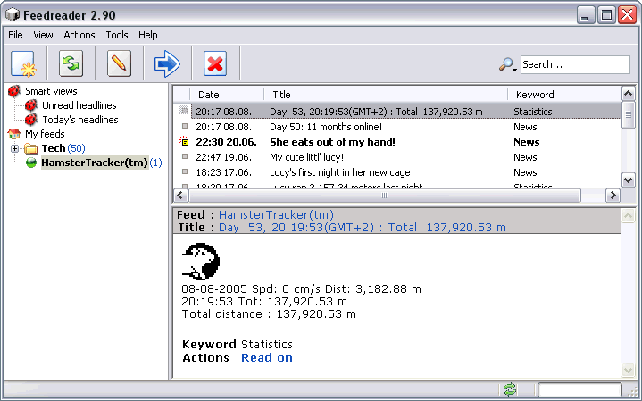 Screendump of Feedreader displaying an automated message, generated by the HamsterTracker(tm) server.