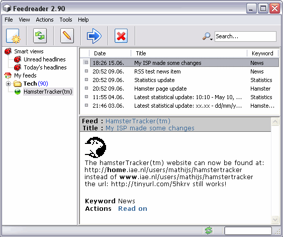 Screenshot of HamsterTracker(tm) RSS feed in FeedReader