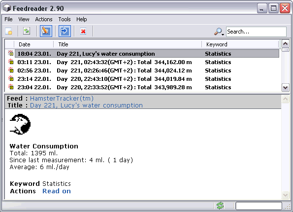 Screenshot of Feedreader showing, Lucy's water consumption.