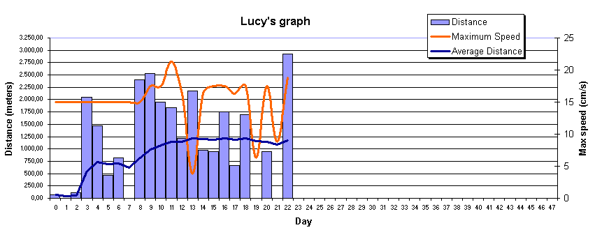 Lucy's graph of statistics collected by the HamsterTracker(tm) system on January 2, 2005 - 13:00.