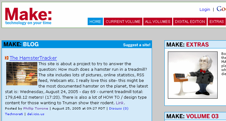 Snapshot of MAKE: Magazines blog, mentioning HamsterTracker(tm)!