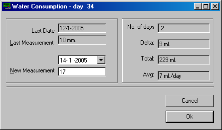 Screendump of Water Consumtion data entry window, version 1.0 Beta